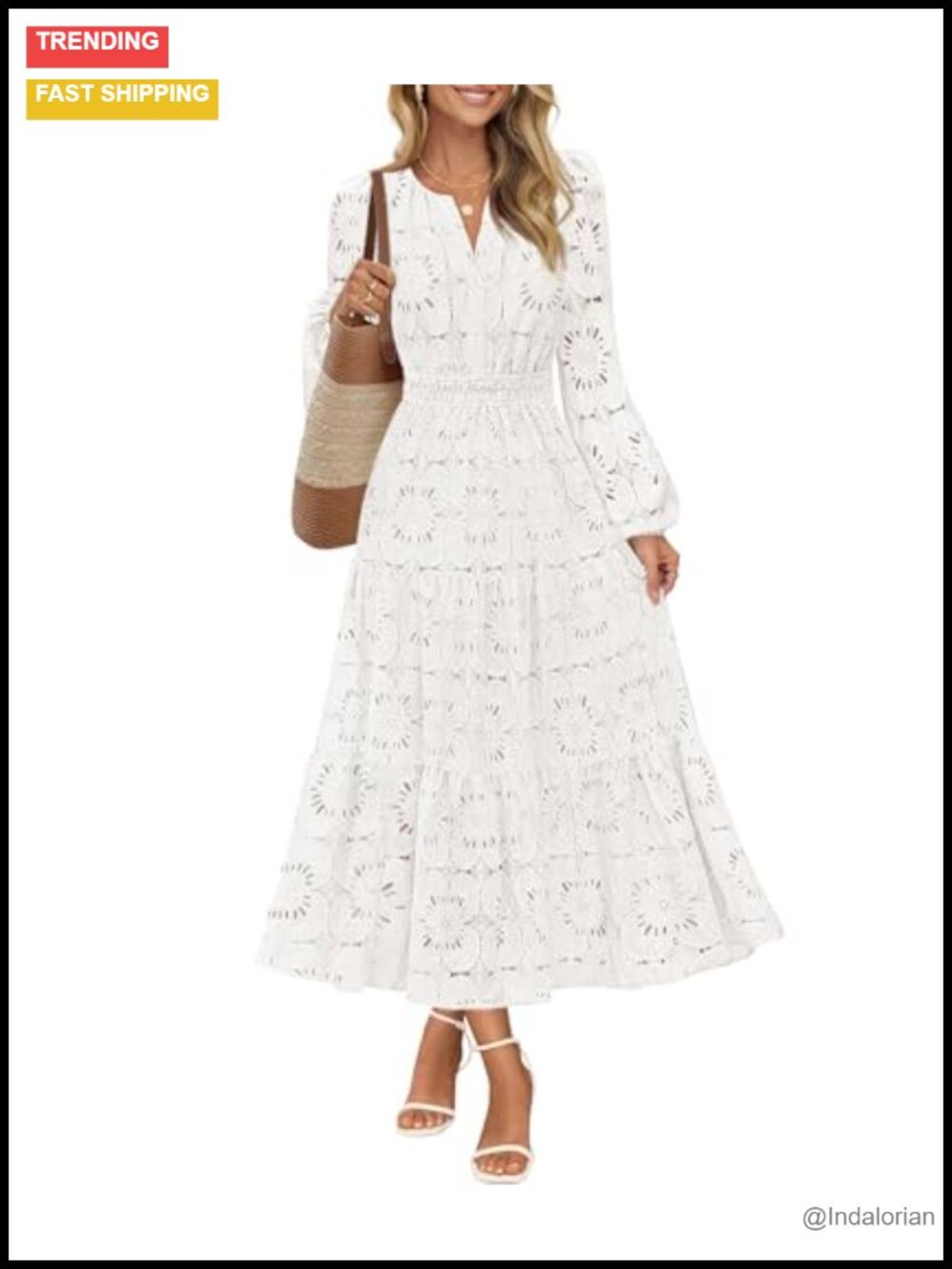 Floral Eyelet Lace Maxi Dress Puff Sleeve V-Neck Semi Formal Wedding Guest
